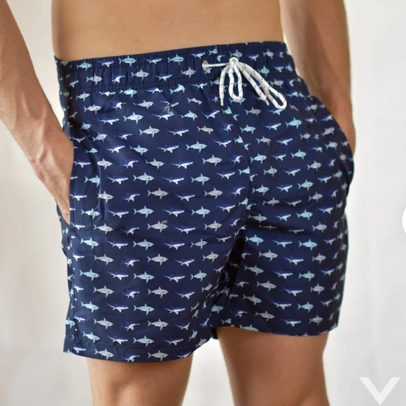 Men’s Atlantis Swim Shorts Trunks. Navy with sharks. Pockets. Drawstring - Picture 2 of 12